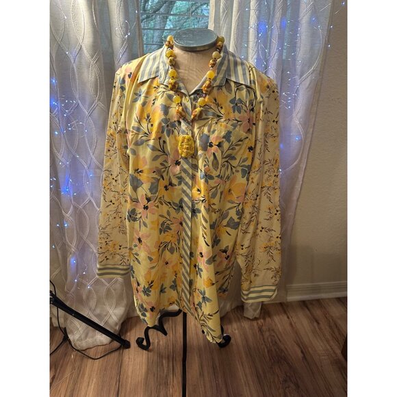 Coldwater Creek Woman’s XL Floral Button-Up Shirt Cotton Blouse Striped Collar - Picture 2 of 13